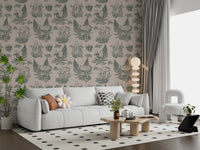 Mushroom - Autumnal Toile de jouy - Green Wallpaper⁠
