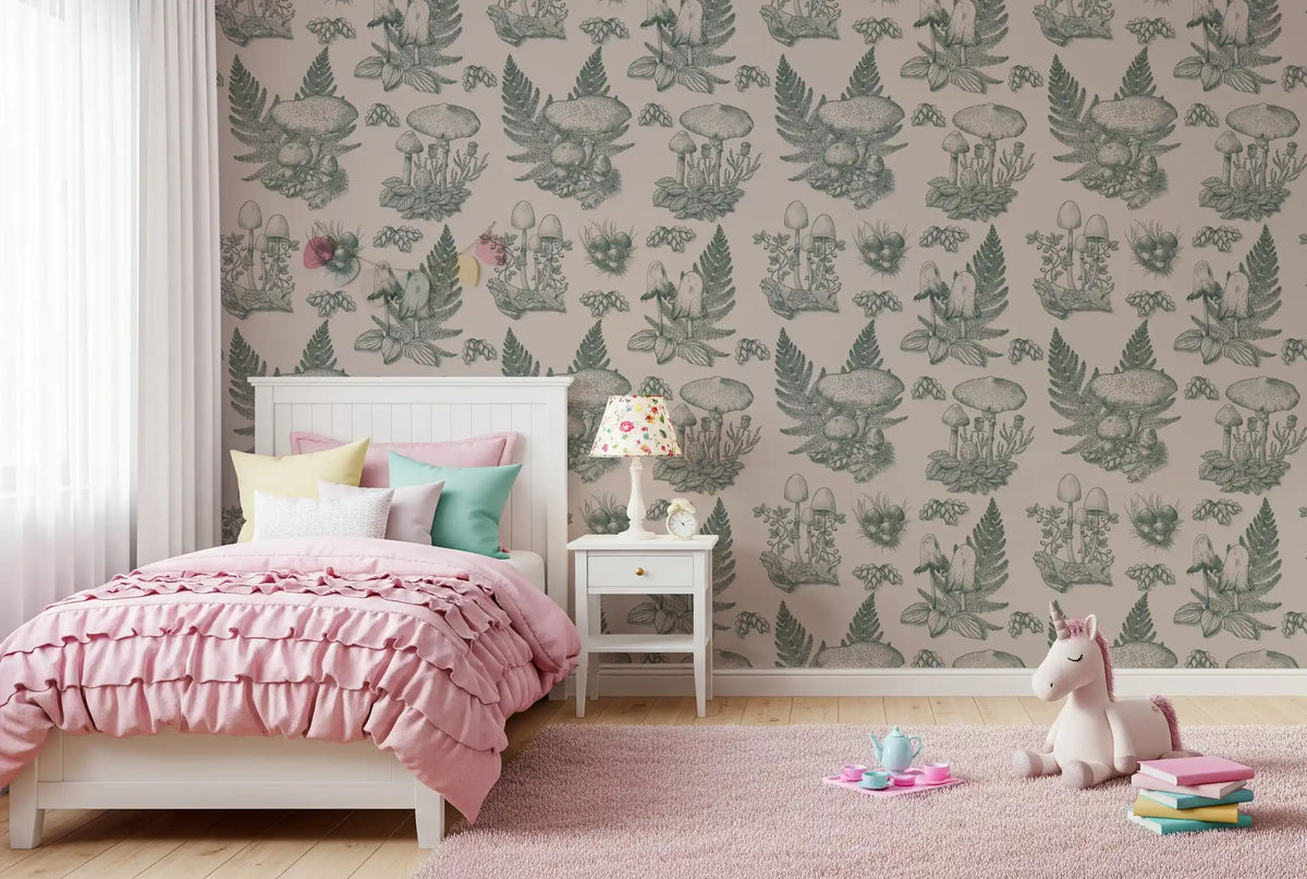 Mushroom - Autumnal Toile de jouy - Green Wallpaper⁠
