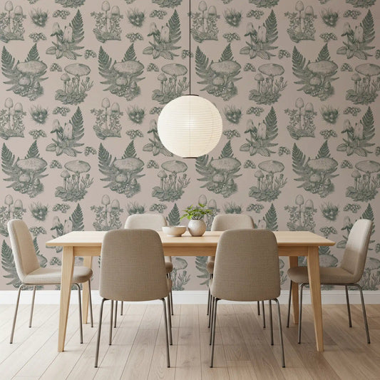 Mushroom - Autumnal Toile de jouy - Green Wallpaper⁠