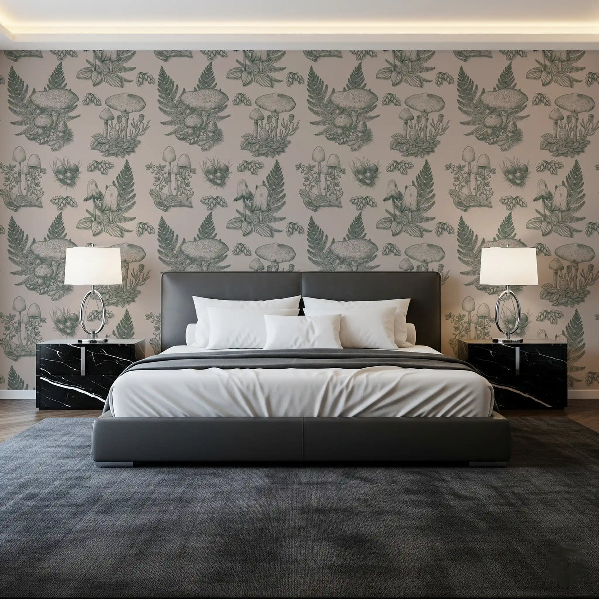 Mushroom - Autumnal Toile de jouy - Green Wallpaper⁠
