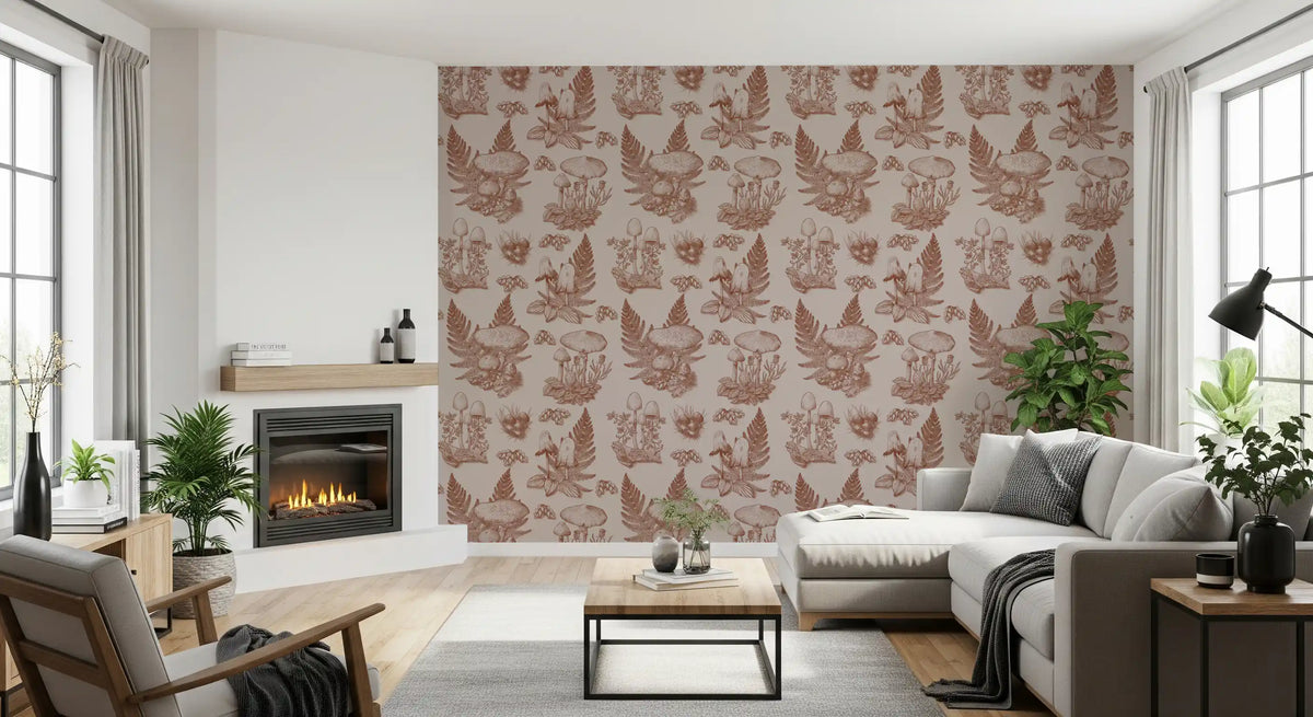 Mushroom - Autumnal Toile de jouy - Rusty Red Wallpaper⁠