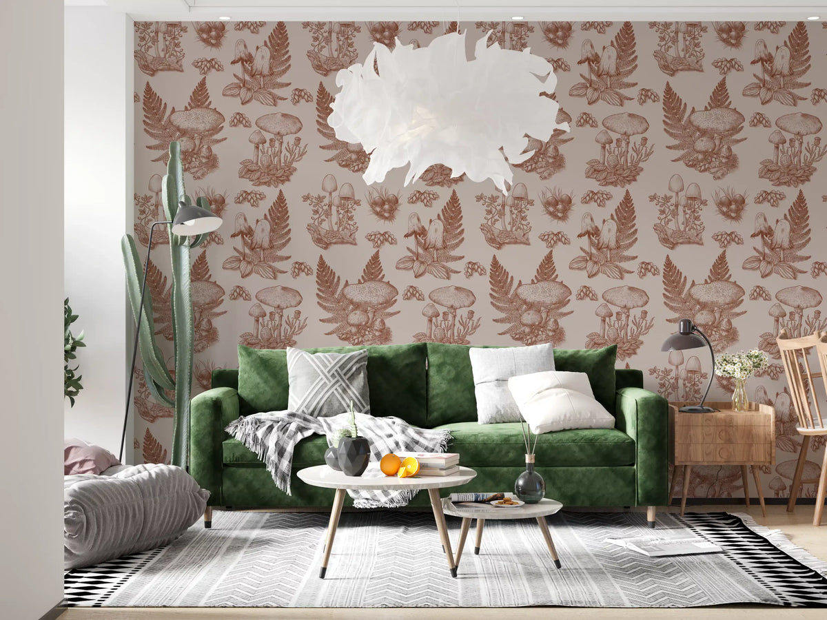 Mushroom - Autumnal Toile de jouy - Rusty Red Wallpaper⁠