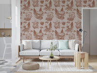 Mushroom - Autumnal Toile de jouy - Rusty Red Wallpaper⁠