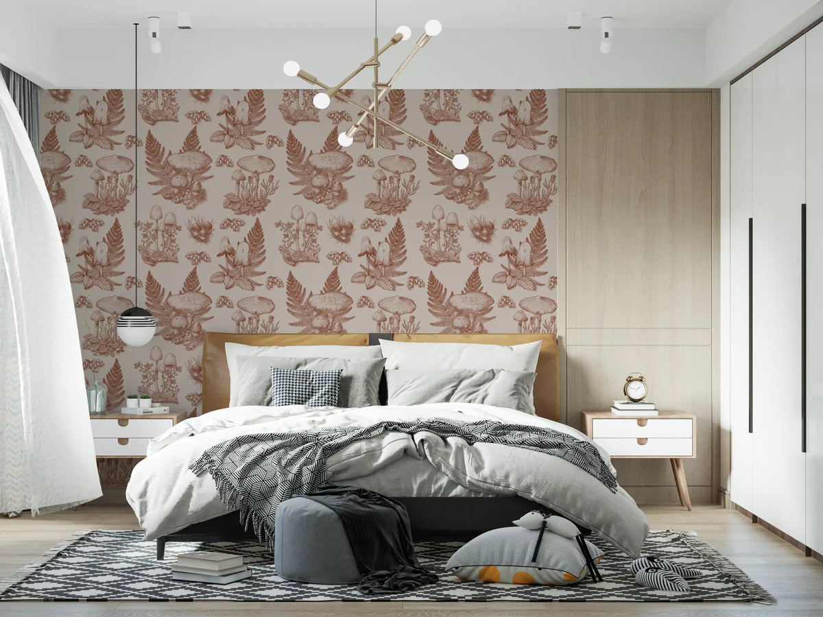 Mushroom - Autumnal Toile de jouy - Rusty Red Wallpaper⁠