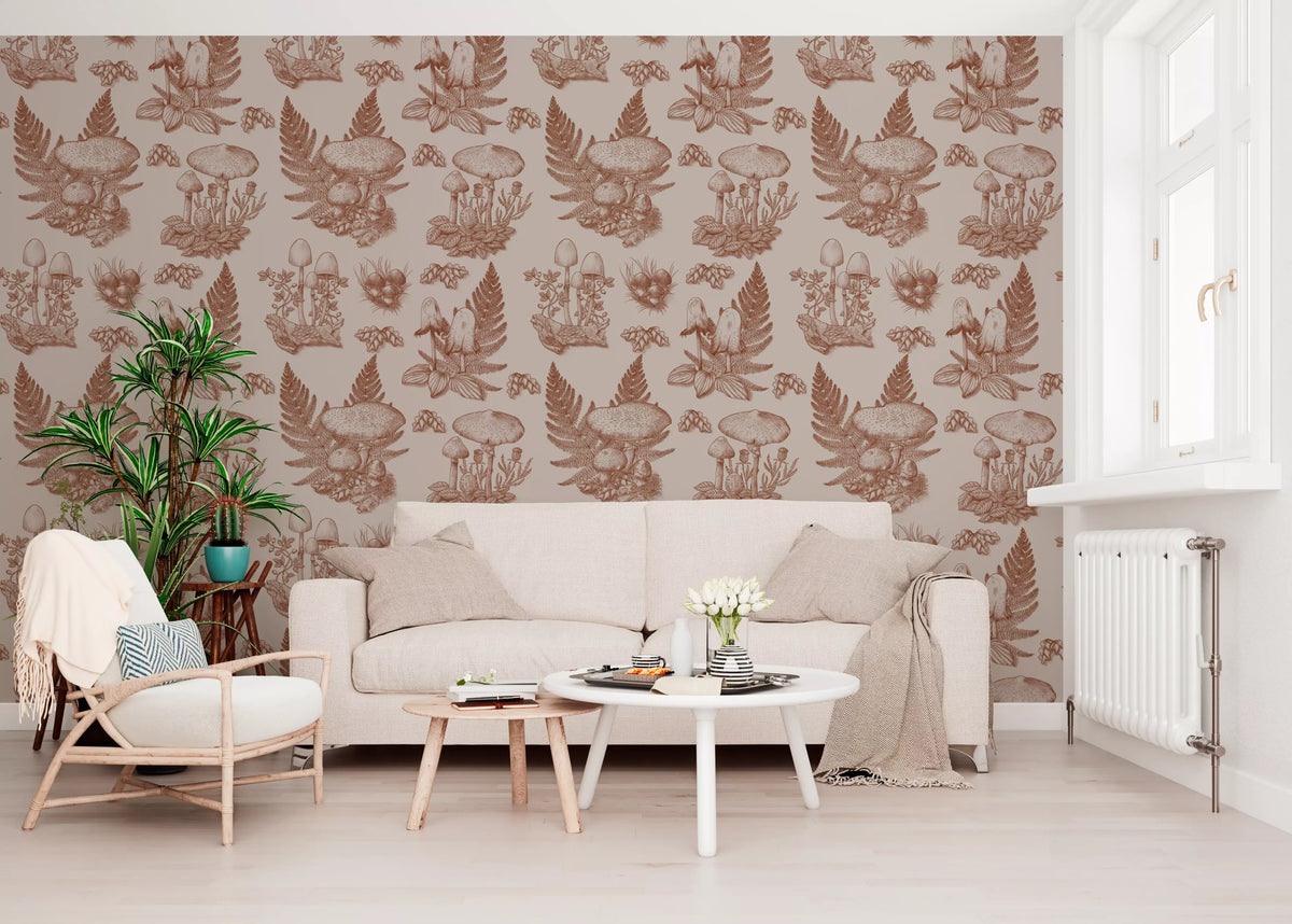 Mushroom - Autumnal Toile de jouy - Rusty Red Wallpaper⁠