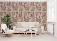 Mushroom - Autumnal Toile de jouy - Rusty Red Wallpaper⁠