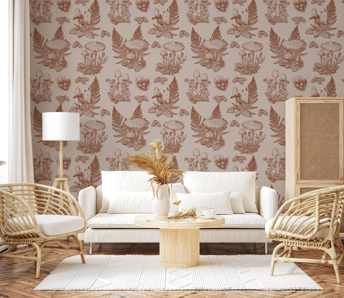 Mushroom - Autumnal Toile de jouy - Rusty Red Wallpaper⁠