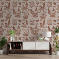 Mushroom - Autumnal Toile de jouy - Rusty Red Wallpaper⁠