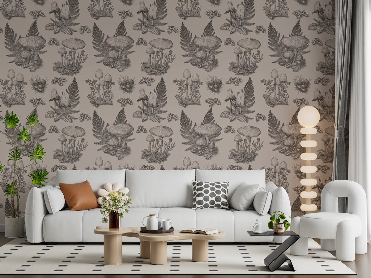 Mushroom - Autumnal Toile de jouy - Sepia Wallpaper⁠