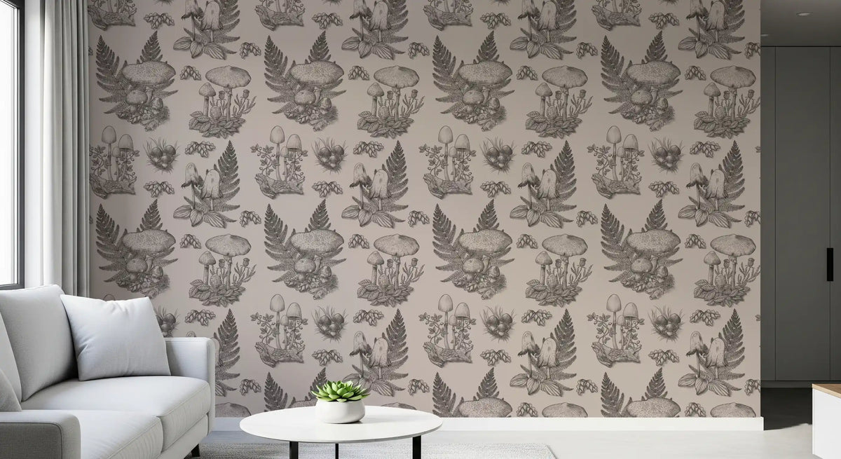 Mushroom - Autumnal Toile de jouy - Sepia Wallpaper⁠