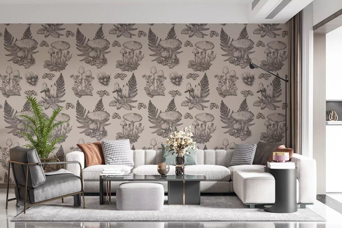 Mushroom - Autumnal Toile de jouy - Sepia Wallpaper⁠