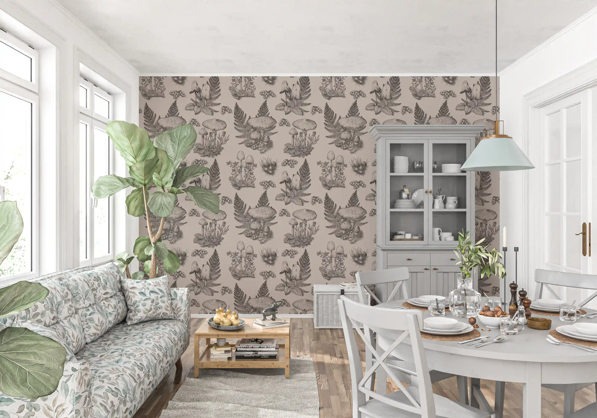 Mushroom - Autumnal Toile de jouy - Sepia Wallpaper⁠