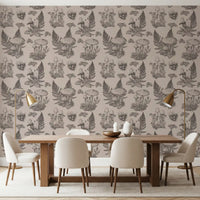 Mushroom - Autumnal Toile de jouy - Sepia Wallpaper⁠