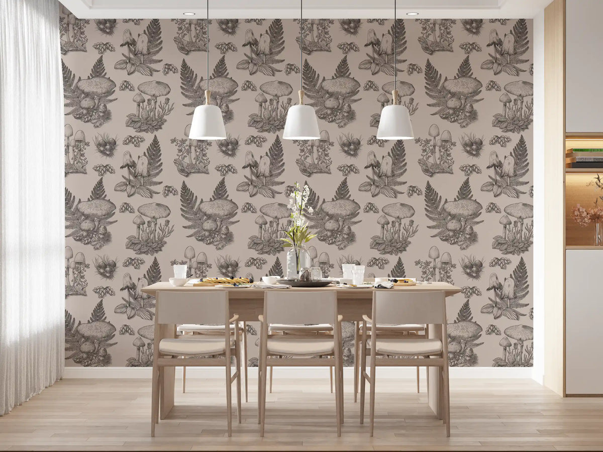Mushroom - Autumnal Toile de jouy - Sepia Wallpaper⁠