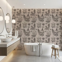 Mushroom - Autumnal Toile de jouy - Sepia Wallpaper⁠