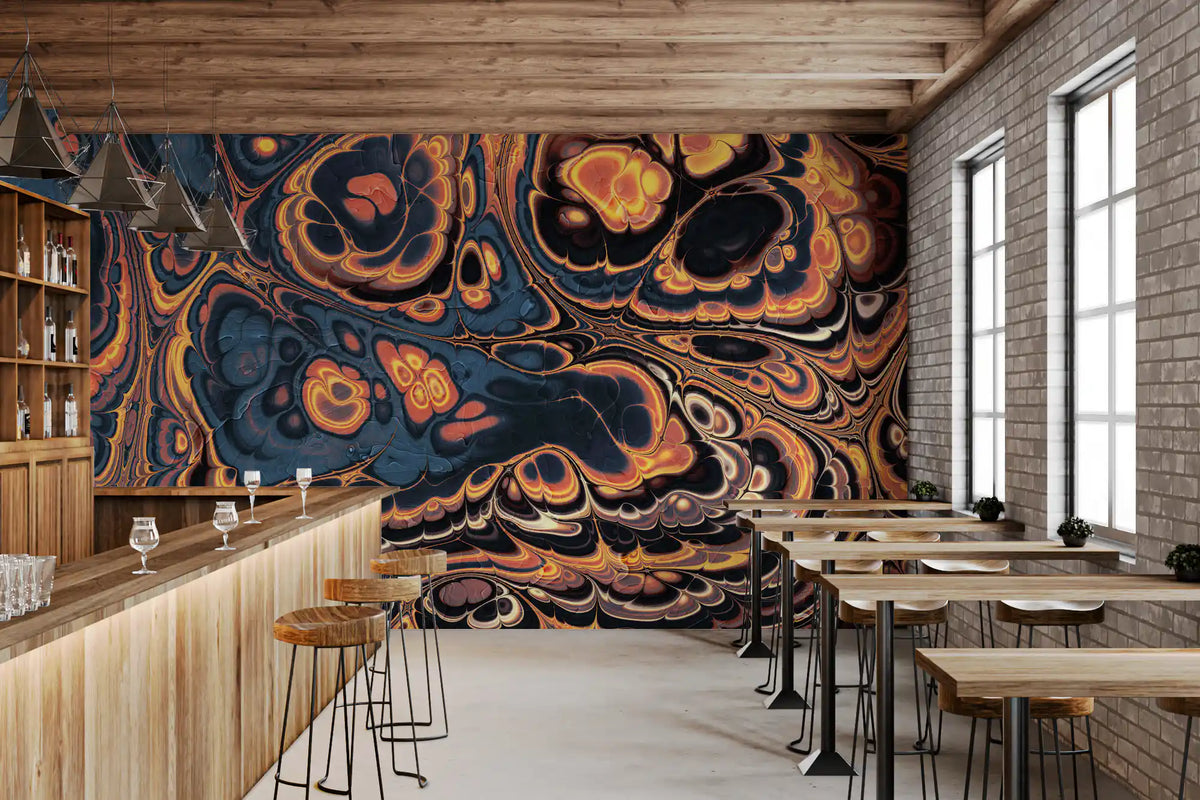 Dark Blue Marble with Fiery Orange Veins Wall Mural