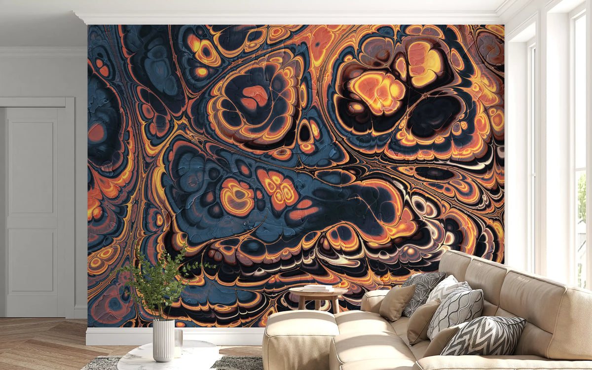 Dark Blue Marble with Fiery Orange Veins Wall Mural