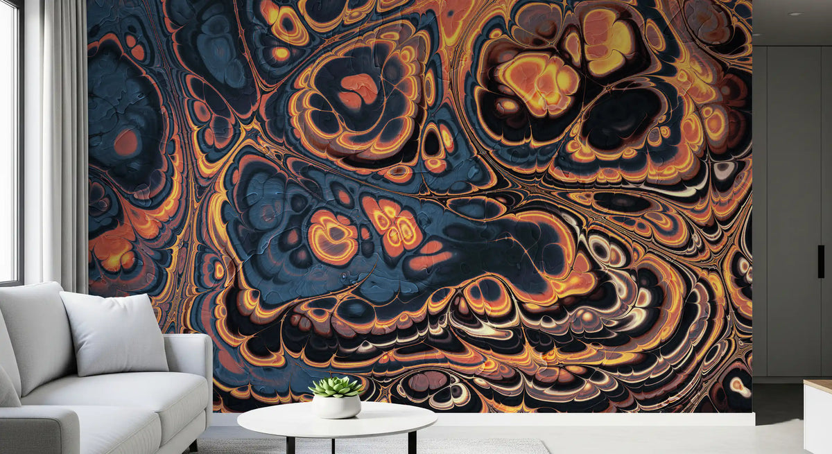 Dark Blue Marble with Fiery Orange Veins Wall Mural
