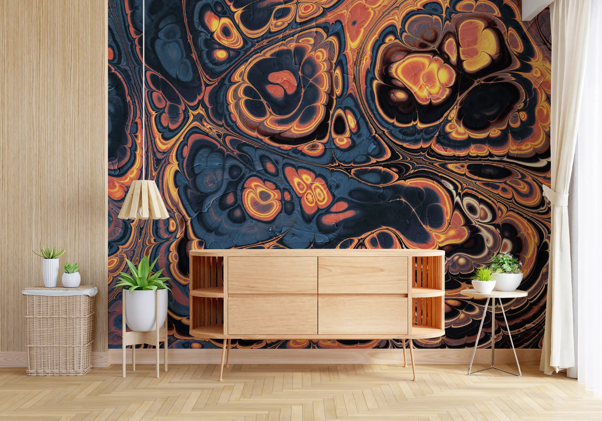 Dark Blue Marble with Fiery Orange Veins Wall Mural