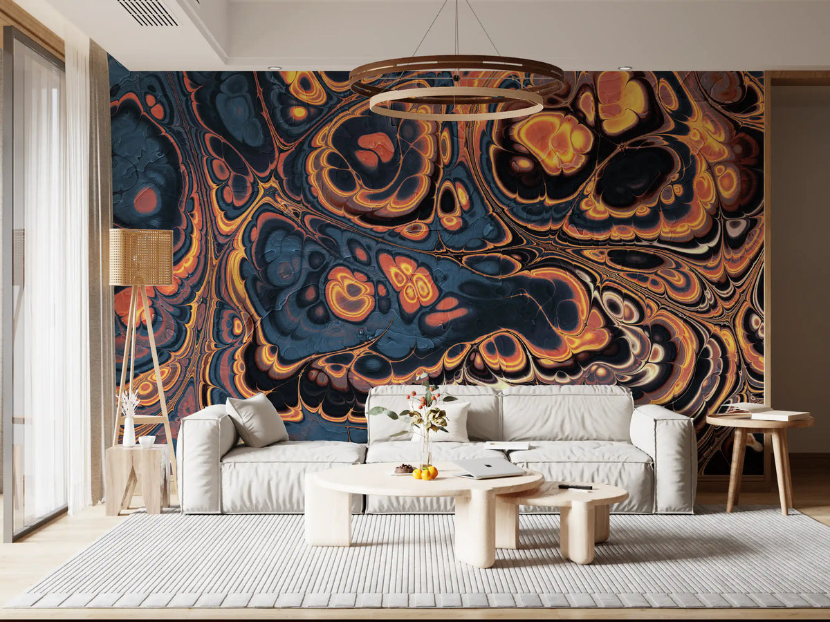 Dark Blue Marble with Fiery Orange Veins Wall Mural