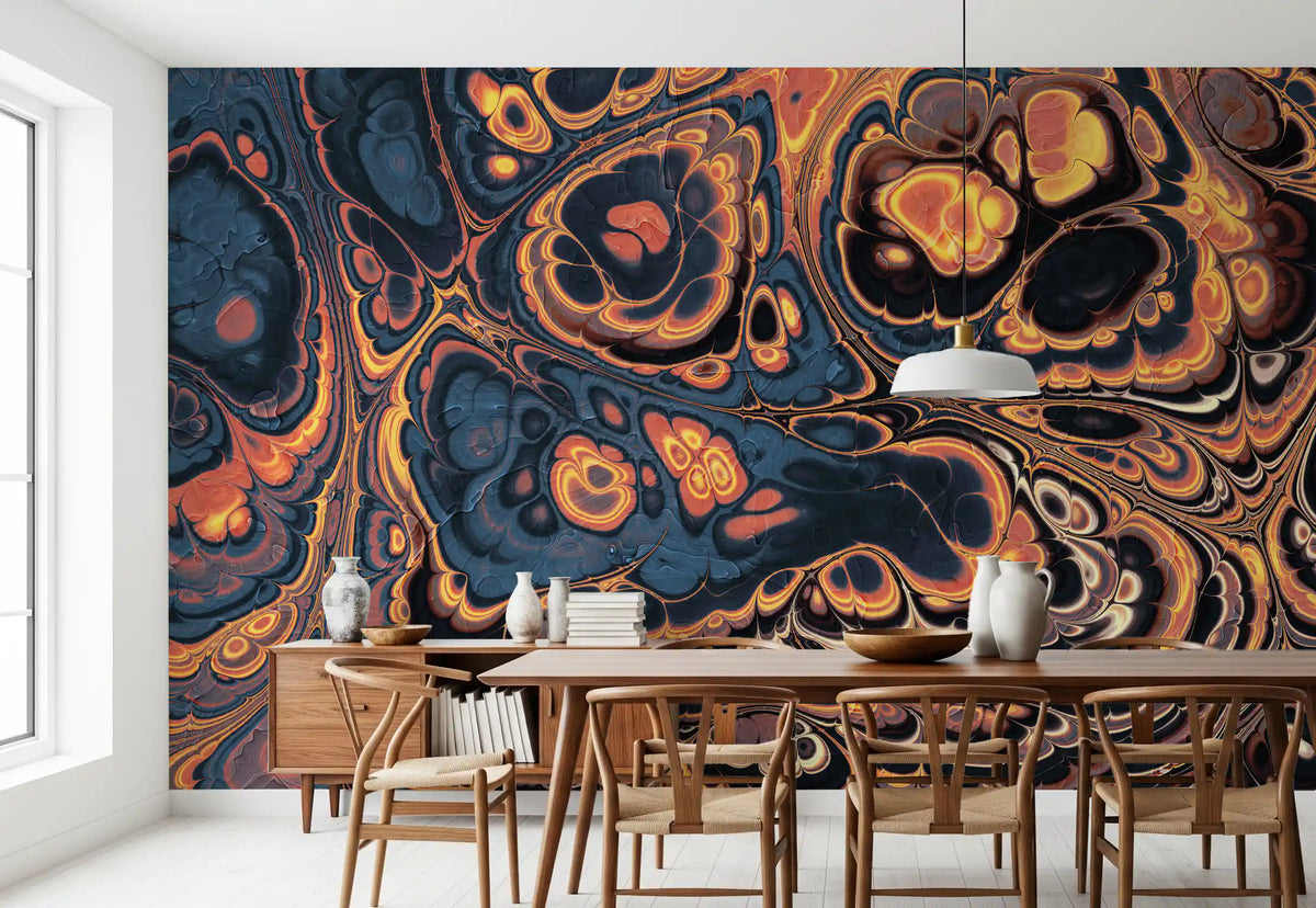 Dark Blue Marble with Fiery Orange Veins Wall Mural