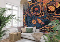 Dark Blue Marble with Fiery Orange Veins Wall Mural