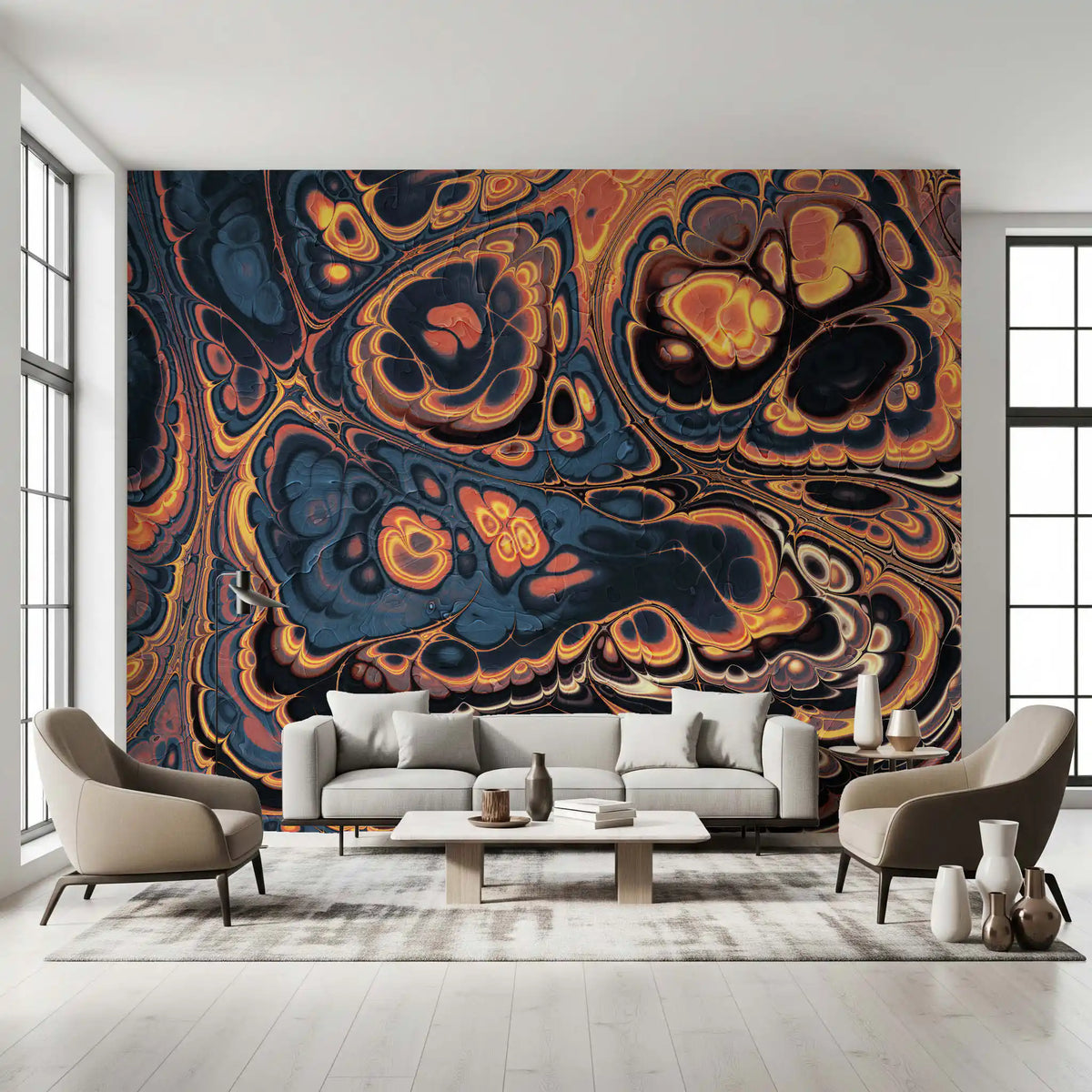 Dark Blue Marble with Fiery Orange Veins Wall Mural