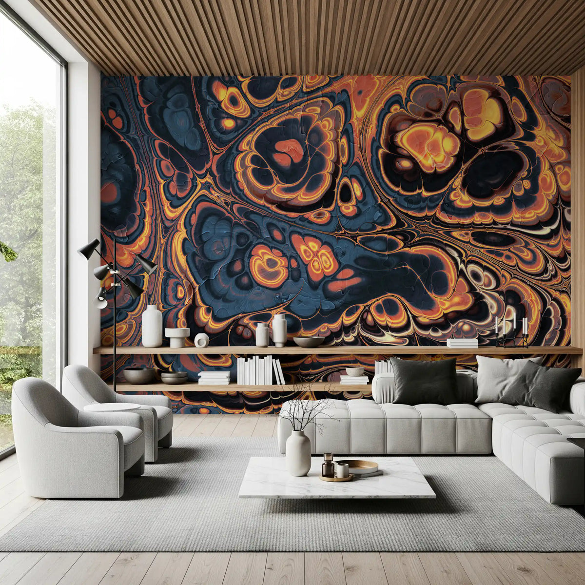 Dark Blue Marble with Fiery Orange Veins Wall Mural