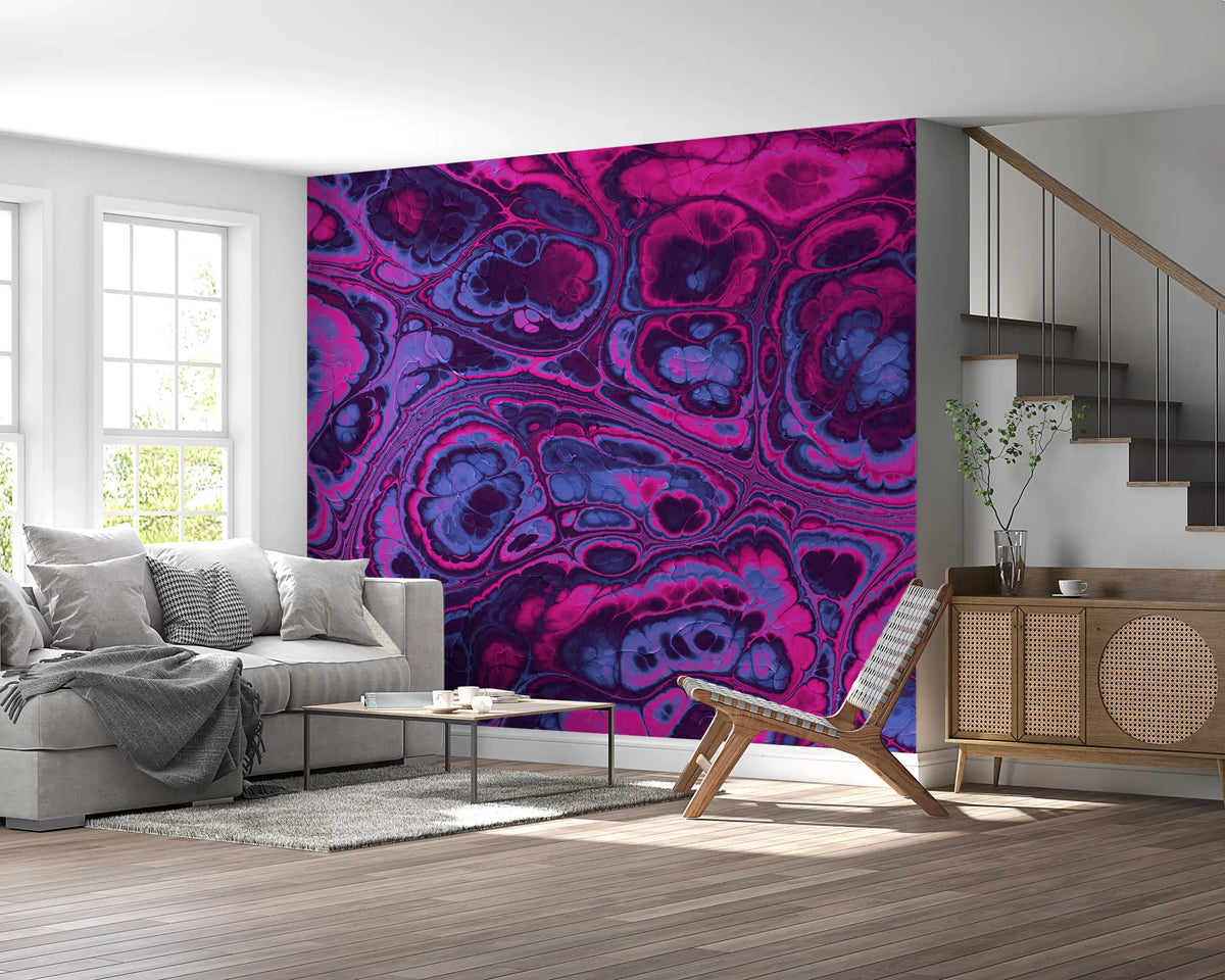 Neon Pink Blue Marble Abstract Waves Wall Mural
