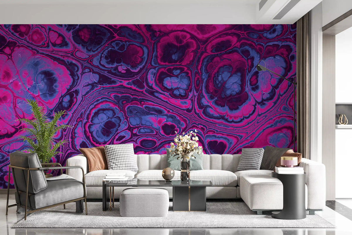 Neon Pink Blue Marble Abstract Waves Wall Mural