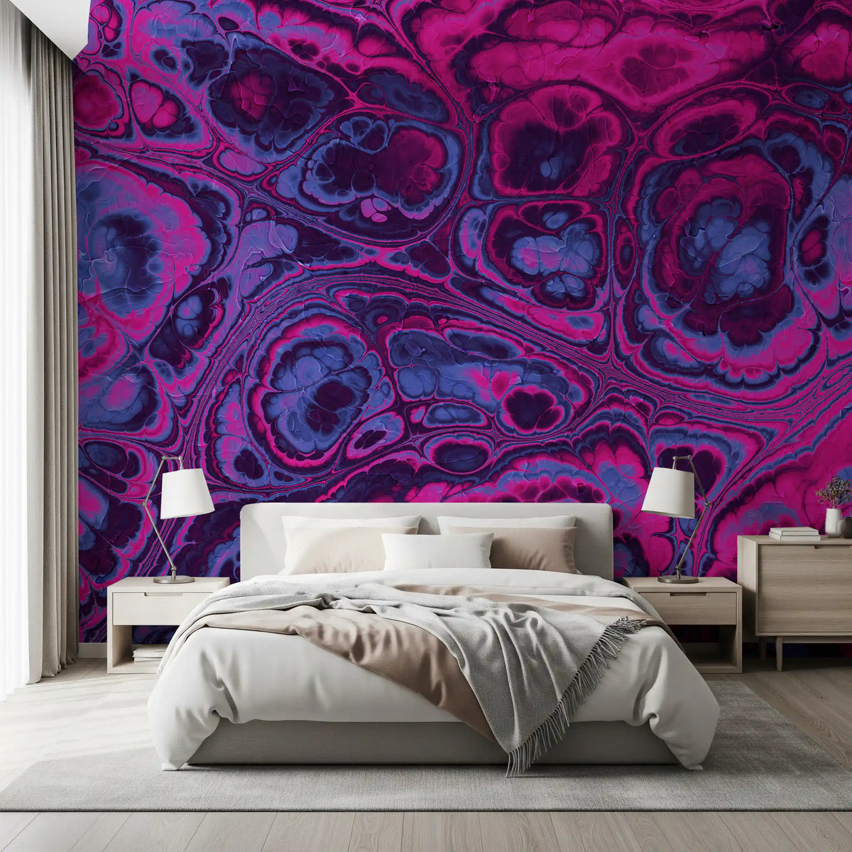 Neon Pink Blue Marble Abstract Waves Wall Mural