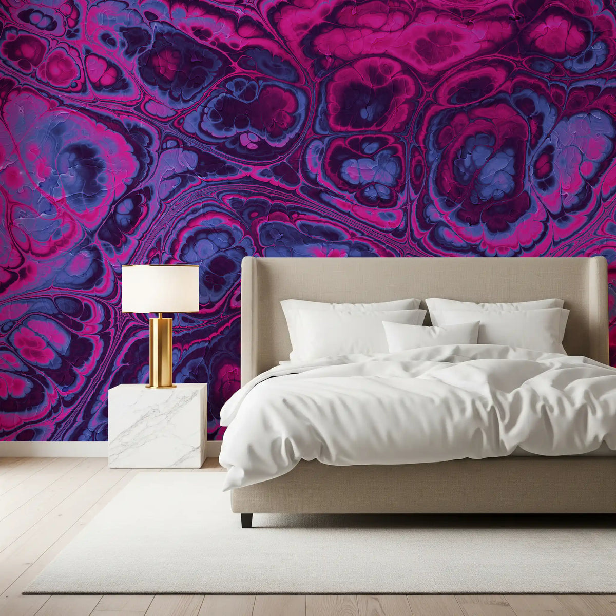 Neon Pink Blue Marble Abstract Waves Wall Mural