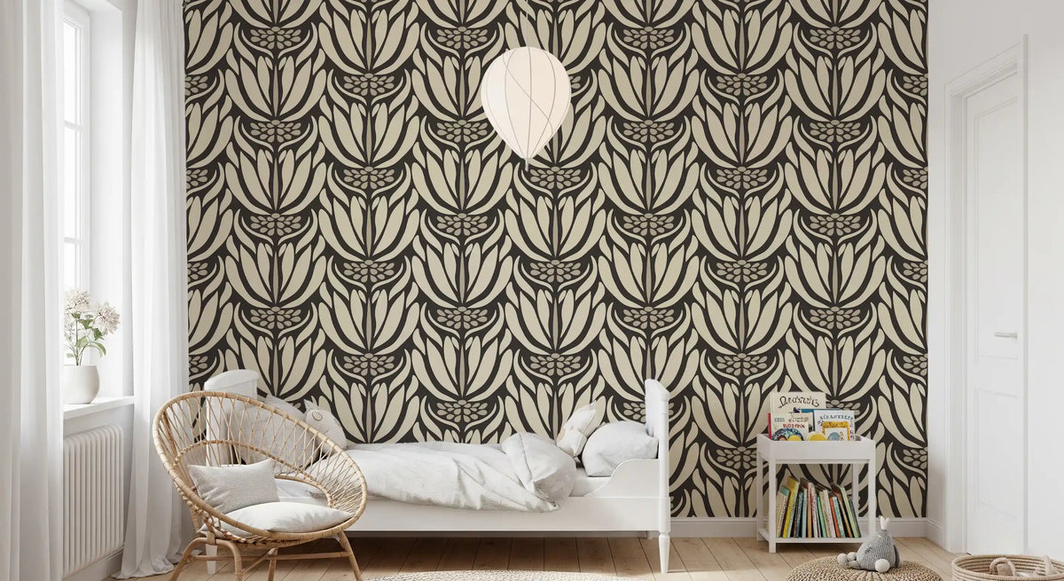 Cream and Charcoal Botanical Symmetry Wallpaper⁠