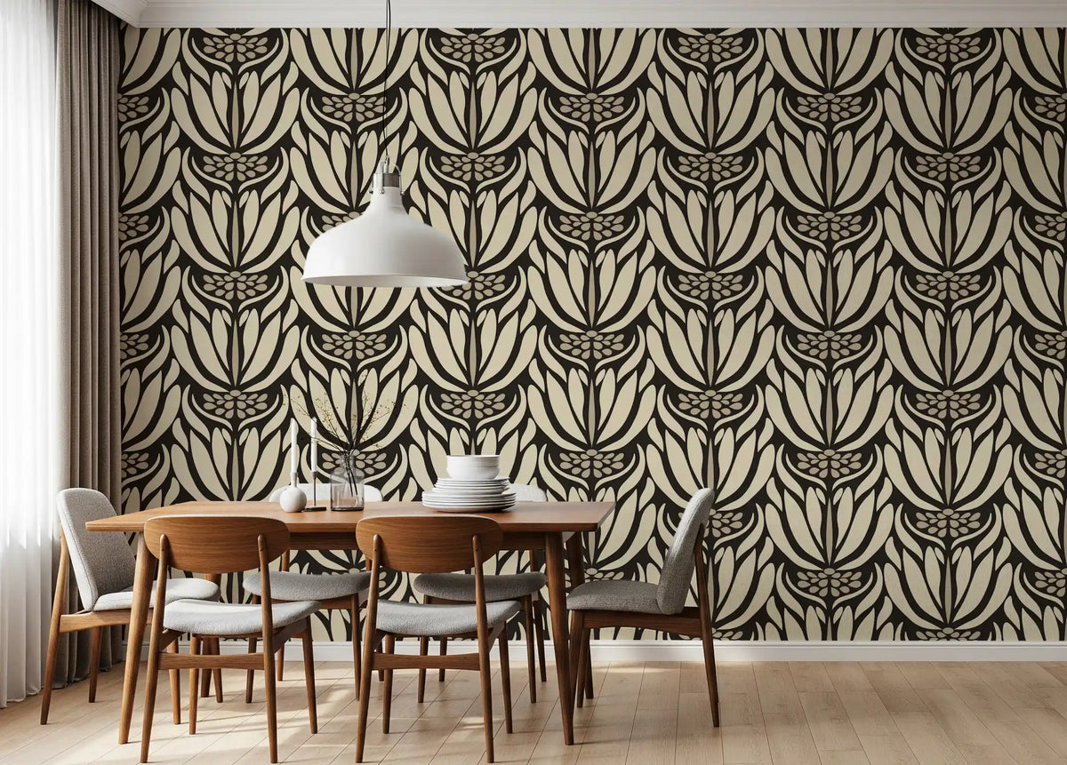 Cream and Charcoal Botanical Symmetry Wallpaper⁠