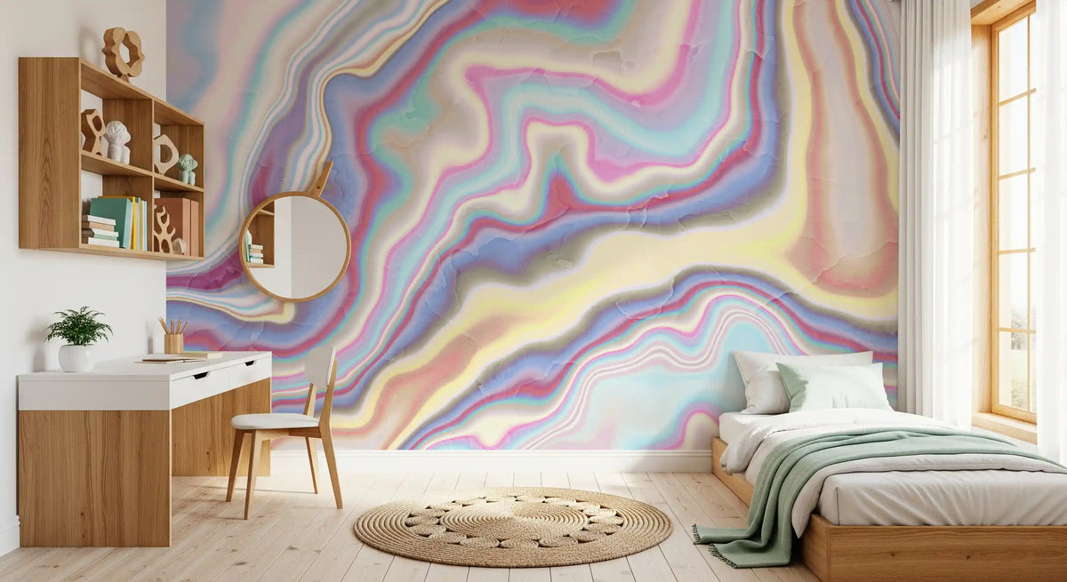 Iridescent Liquid Marble Swirls Wall Mural