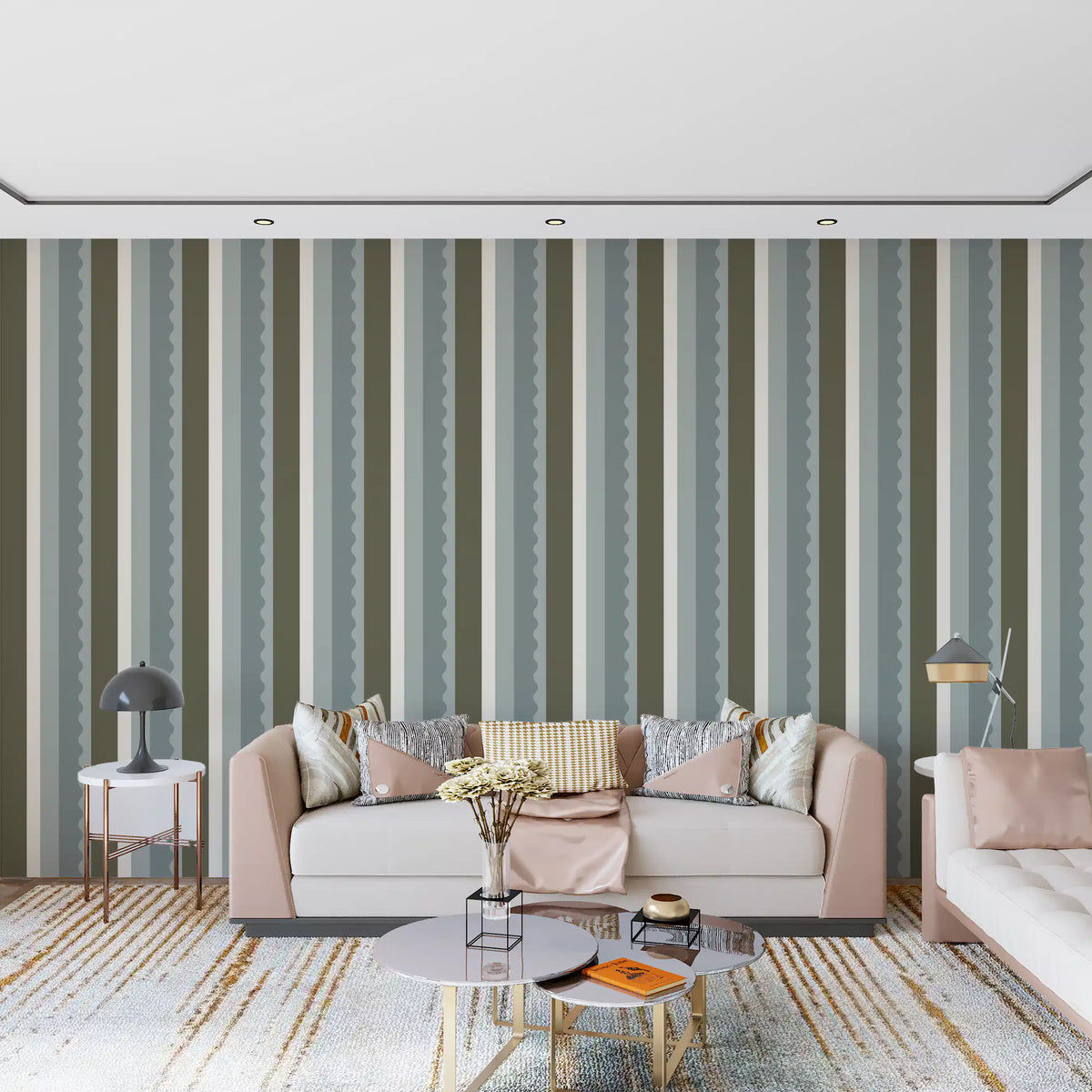 Sage and Charcoal Linear Scallop Stripes Wallpaper⁠