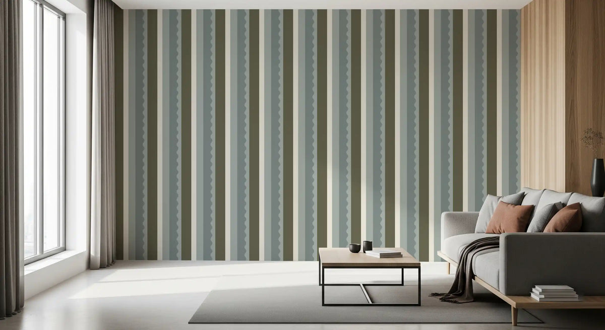 Sage and Charcoal Linear Scallop Stripes Wallpaper⁠