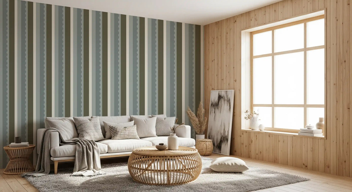 Sage and Charcoal Linear Scallop Stripes Wallpaper⁠