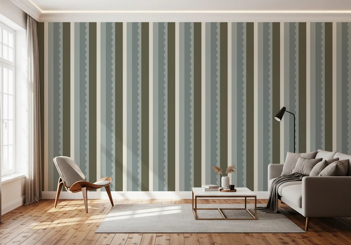 Sage and Charcoal Linear Scallop Stripes Wallpaper⁠