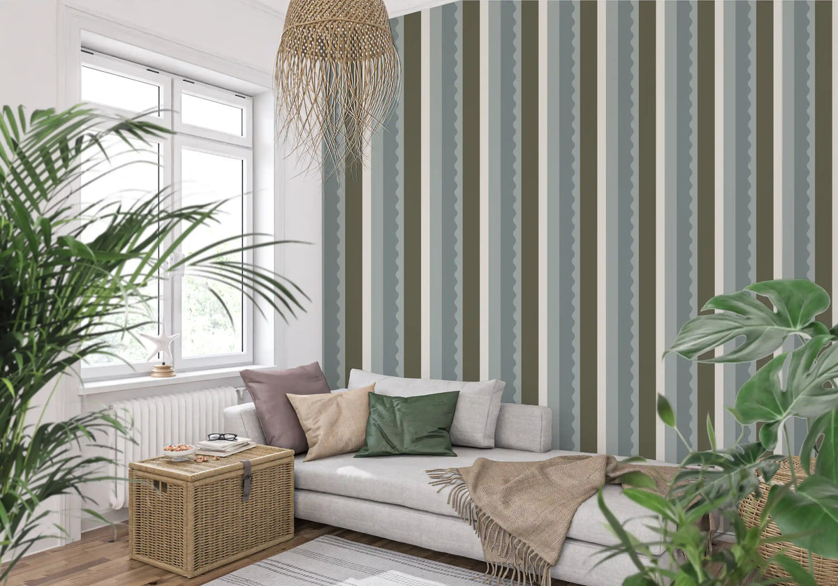 Sage and Charcoal Linear Scallop Stripes Wallpaper⁠