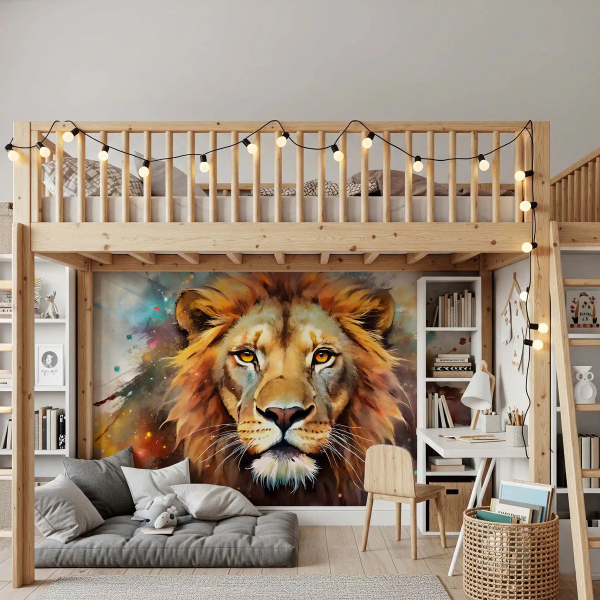 Majestic Lion Portrait with Vibrant Splatter Art Wall Mural