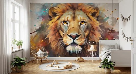 Majestic Lion Portrait with Vibrant Splatter Art Wall Mural