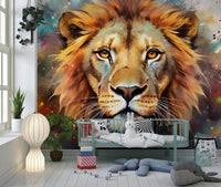 Majestic Lion Portrait with Vibrant Splatter Art Wall Mural
