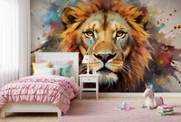 Majestic Lion Portrait with Vibrant Splatter Art Wall Mural
