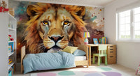 Majestic Lion Portrait with Vibrant Splatter Art Wall Mural