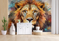 Majestic Lion Portrait with Vibrant Splatter Art Wall Mural
