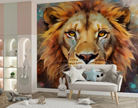 Majestic Lion Portrait with Vibrant Splatter Art Wall Mural