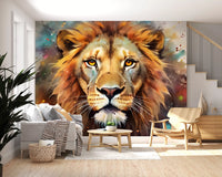 Majestic Lion Portrait with Vibrant Splatter Art Wall Mural