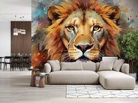 Majestic Lion Portrait with Vibrant Splatter Art Wall Mural