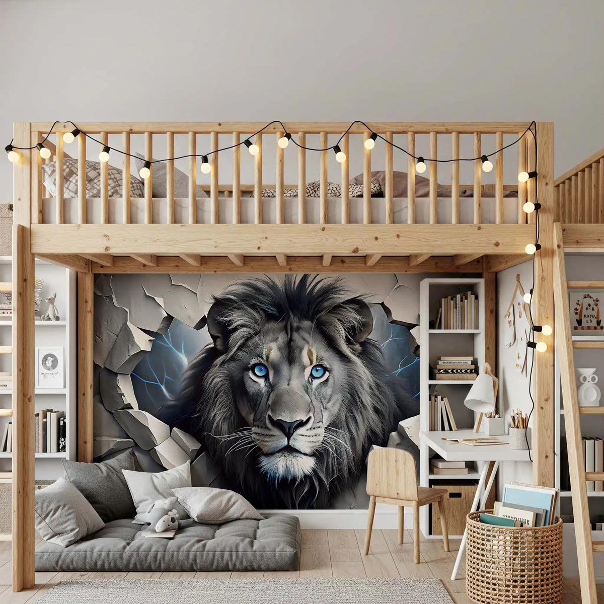 Fierce Lion Through Broken Concrete Wall Mural